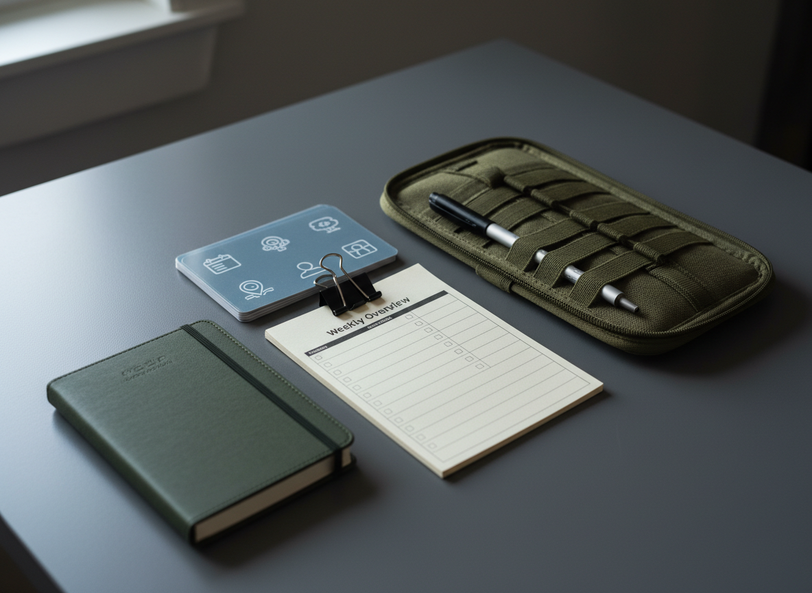 A compact, travel-ready planning kit laid out on a smooth, charcoal-gray tabletop: a small ring-bound notebook with weather-resistant covers, laminated field reference cards with tidy icons, and a folded weekly overview printable secured with a simple black binder clip. A rugged canvas zip case lies open beside them, its interior divided into narrow compartments holding a slim mechanical pencil and fine-tip marker. Cool, indirect window light from the left casts soft, precise shadows, bringing out the textures of paper and fabric. Photographic realism, shot at a low three-quarter angle with moderate depth of field, creating a focused, quietly determined mood ideal for busy, on-the-go seasons and practical organization.