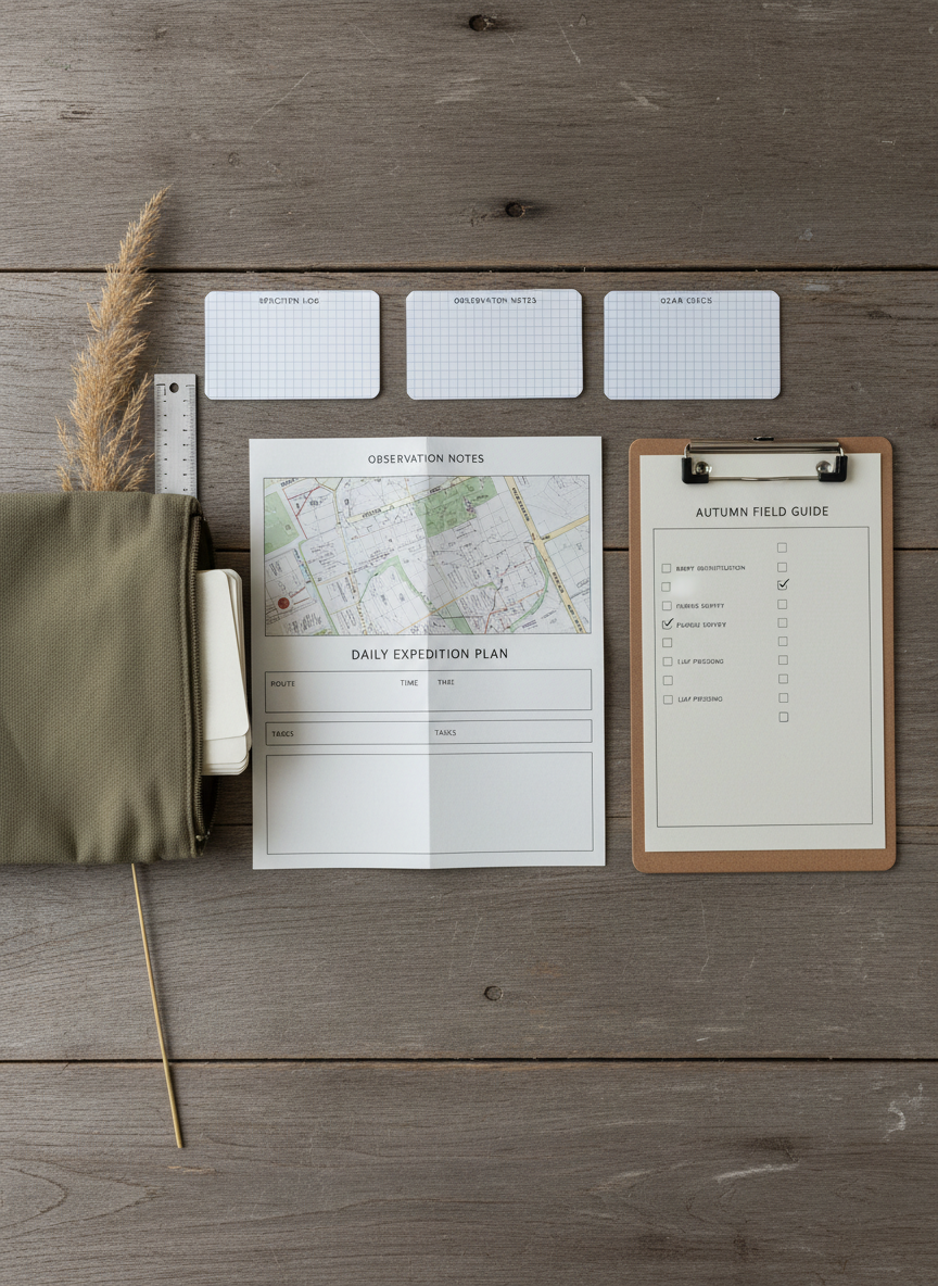 A flat lay of practical field notes and printables spread across a weathered wooden table, including grid-paper cards with tidy headings, a folded map-style daily plan, and a slim clipboard holding a seasonal checklist. A muted canvas pouch partially unzipped reveals neatly stacked index cards and a metal ruler. Soft, diffused overcast light from the side creates a gentle, even glow with subtle shadows that emphasize texture without harsh contrast. A sprig of dried wild grass rests diagonally, suggesting connection to the outdoors. Photographic realism, top-down composition with clean negative space around the edges, creating a professional, field-guided mood that feels grounded, functional, and thoughtfully minimal.