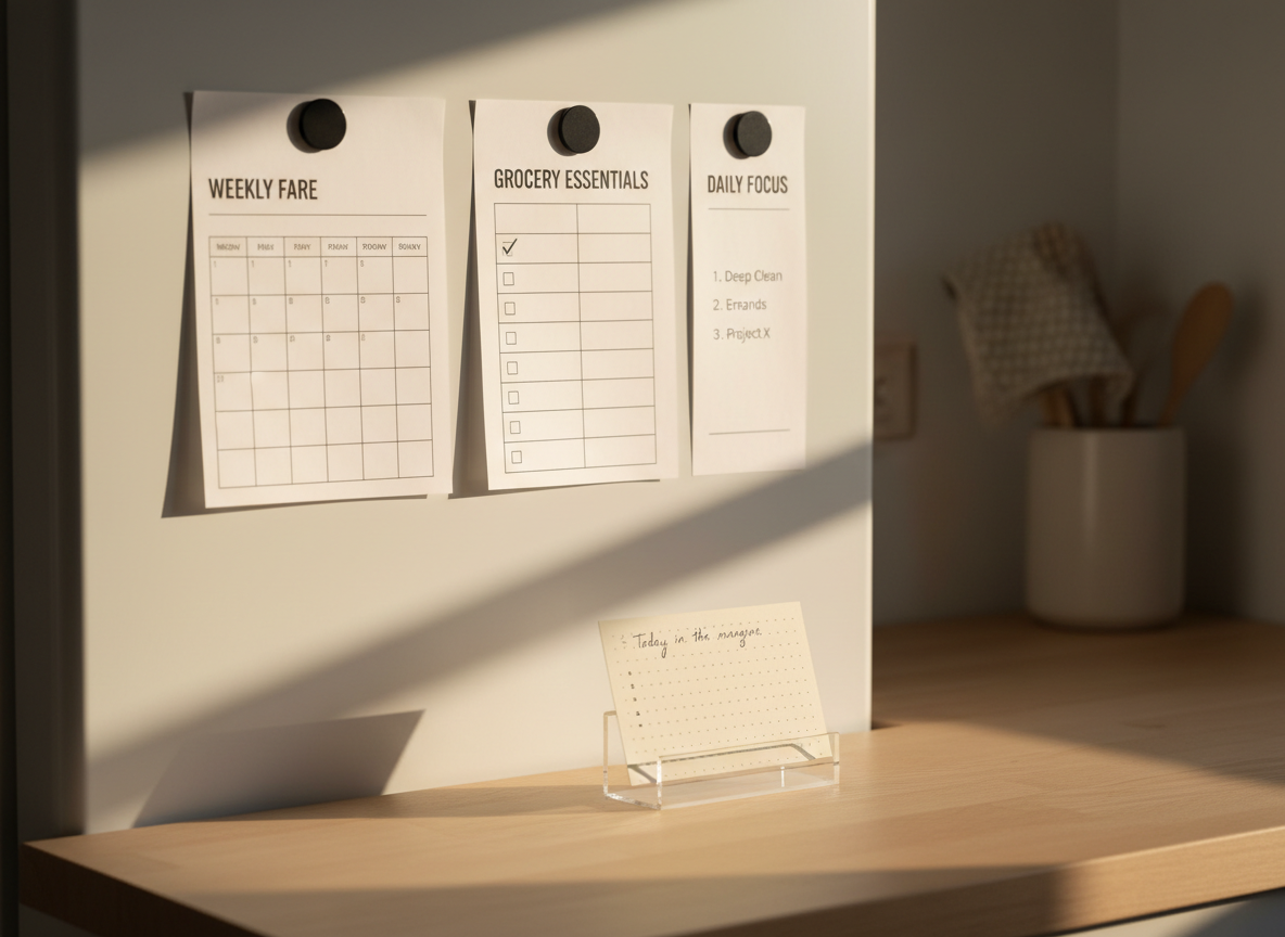 A tidy kitchen counter command center featuring a matte white refrigerator with a series of coordinated printables neatly held by plain black magnets: a weekly meal plan, a quick-reference grocery list, and a slim column of daily priorities. A smooth, light-wood counter below holds a small acrylic stand displaying a field notes card labeled “Today in the margins.” Warm afternoon light filters in from an unseen window, casting soft, diagonal shadows and a gentle glow on the paper surfaces. The background remains uncluttered, with only a neutral linen tea towel adding texture. Photographic realism, eye-level composition with slight side angle, conveying a calm, professional, and quietly efficient atmosphere for managing busy home rhythms.