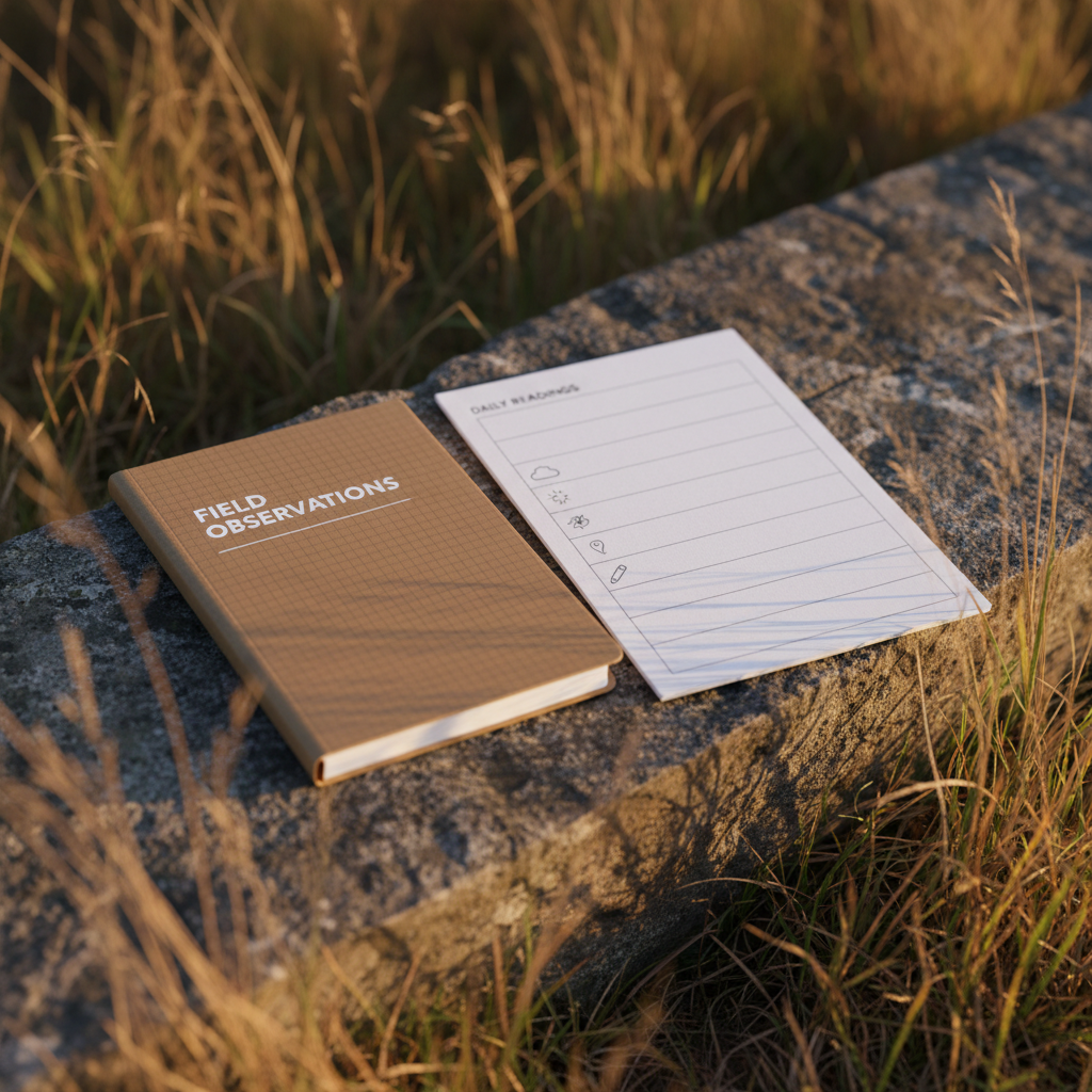 A weather-resistant field notebook and printed guide resting on a rough stone ledge at the edge of a meadow, both featuring clean, minimal typography and understated grid layouts. The guide’s page shows a structured observation checklist with spacious lines and simple icons for weather, location, and notes. Tufts of dry grass frame the lower corners of the image, slightly out of focus. Late afternoon golden-hour light grazes the paper and stone, creating warm highlights and long, soft shadows that evoke time spent outdoors. Photographic realism, composed using the rule of thirds with the notebook and guide slightly off-center, capturing a serene, field-guided mood that connects practical note-taking with the natural environment.
