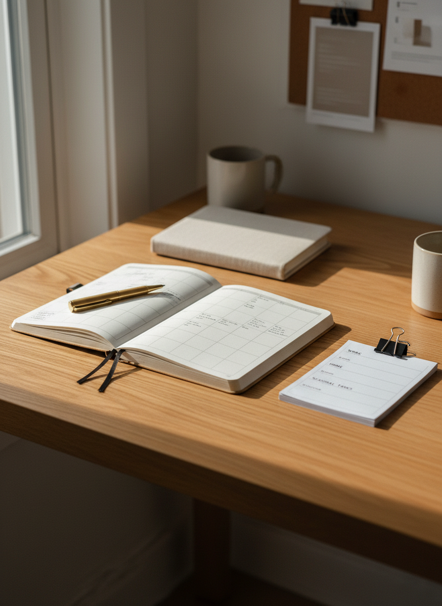 A neatly arranged oak desk styled for a field-guided planning session, featuring an open kraft-paper planner with clean, minimal layouts and handwritten-style printed notes. A brass pen rests across the page beside a small stack of clipped, monochrome checklists labeled for work, home, and seasonal tasks. The desk sits near a large window, with soft morning light washing across the wood grain and creating gentle, elongated shadows. In the softly blurred background are a linen-covered notebook, a neutral ceramic mug, and a simple cork pinboard with pinned printables. Photographic realism, shot from a slightly elevated angle with shallow depth of field, conveying a calm, organized, and practical atmosphere suited to busy seasons and intentional living.